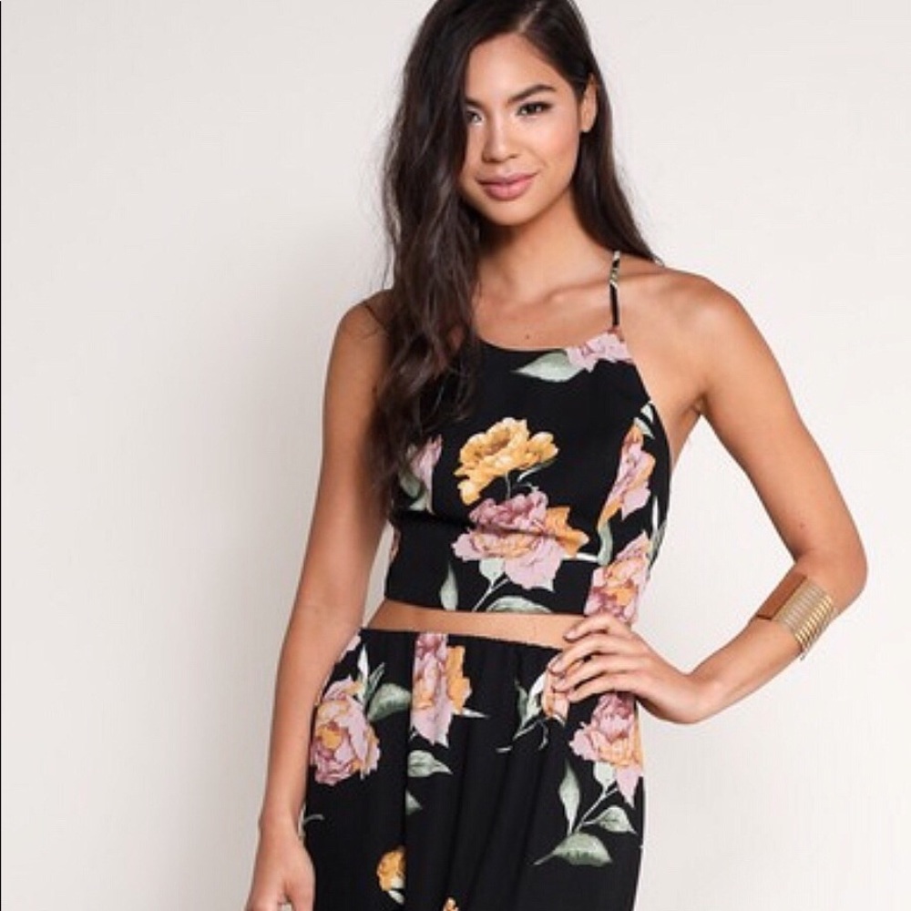 Floral Black Crop Top + Maxi Skirt Set, Side Slits - Picture 5 of 6